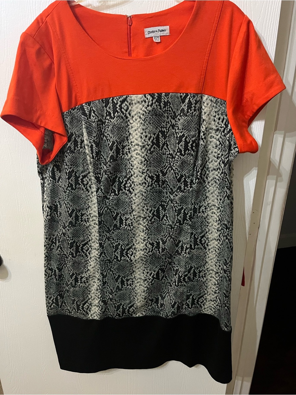 Shelby & Palmer Coral-Orange Snake Print Colorblock Short Sleeve Top